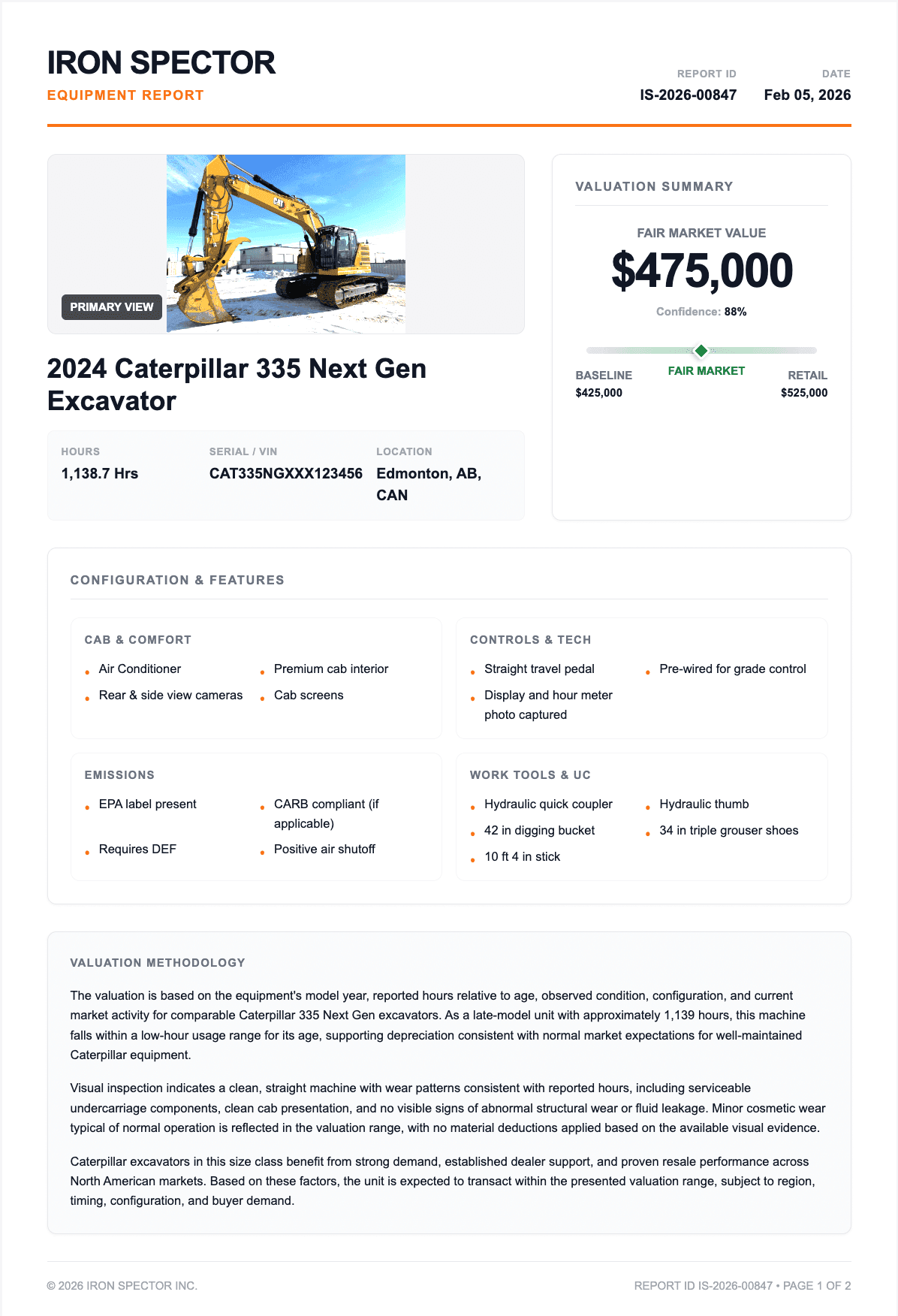 Iron Spector Equipment Report — 2024 Caterpillar 335 Next Gen Excavator